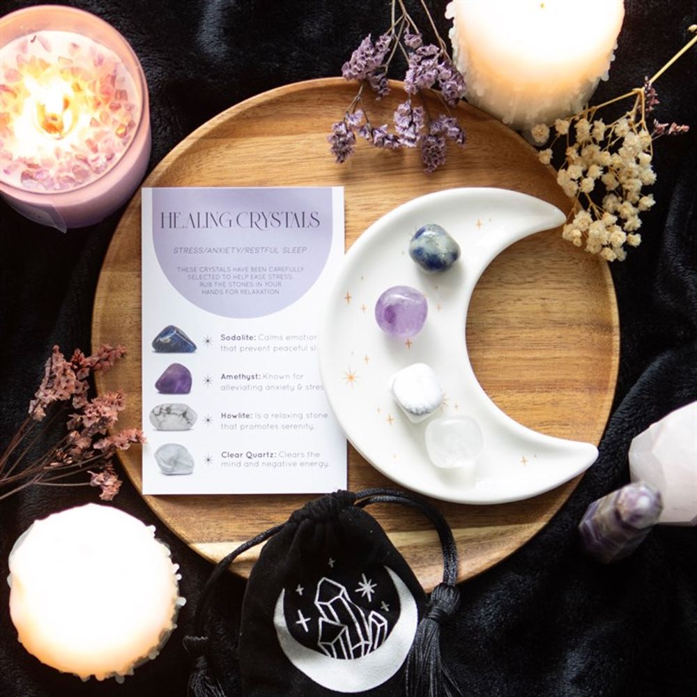 Healing Crystal Set with Moon Trinket Dish - Stress