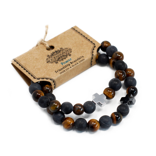 Set of 2 Gemstones Friendship Bracelets - Power - Tiger Eye & Black Stone