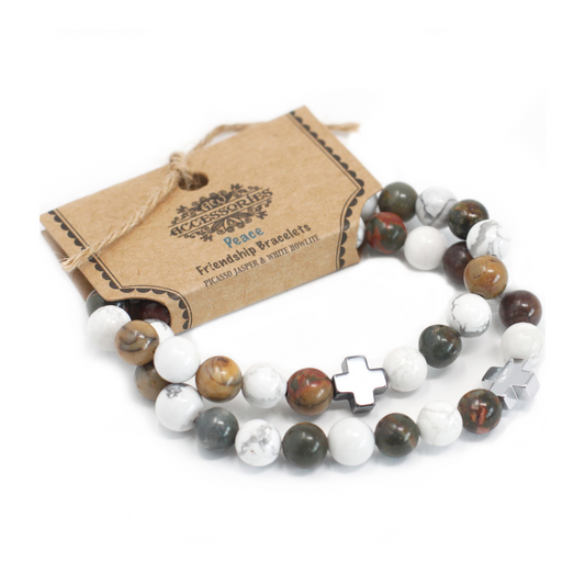 Set of 2 Gemstones Friendship Bracelets - Peace - Picasso Jasper & White Howlite